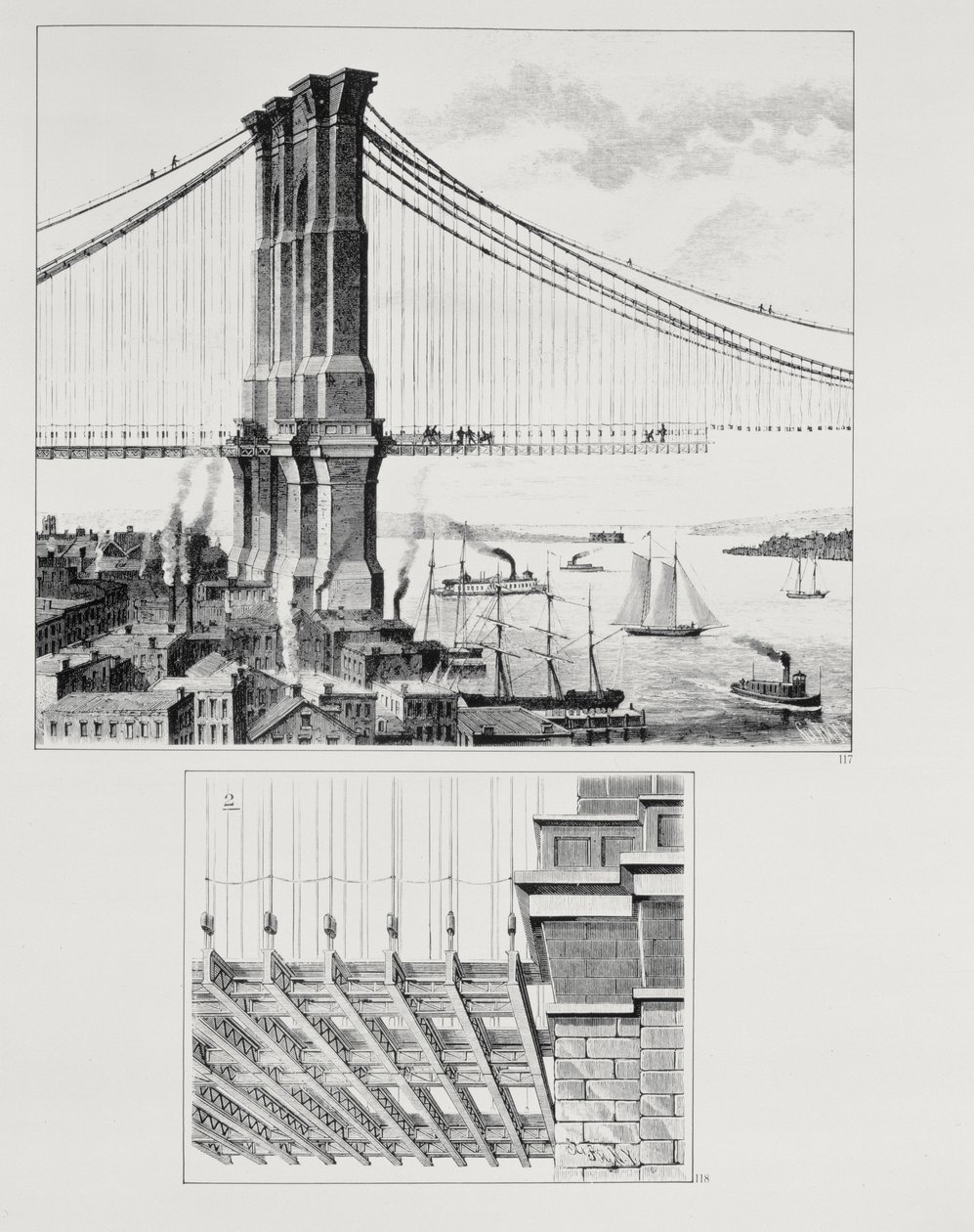 Höjd av ett torn av Brooklyn Bridge, New York av American School
