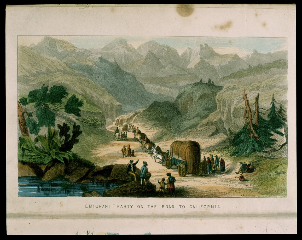 Emigrant Party on the Road to California 1596, illustration från Kalifornien, dess tidigare historia, dess nuvarande position, dess framtidsutsikter av G.A. Fleming, 1850 av American School