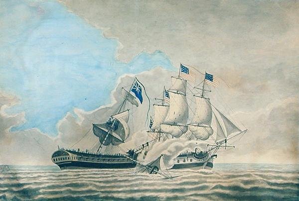 Engagemang mellan U.S. Fregate Constund och H.M.S. Guerriere (akvarell, gouache och bläck på papper) av American School