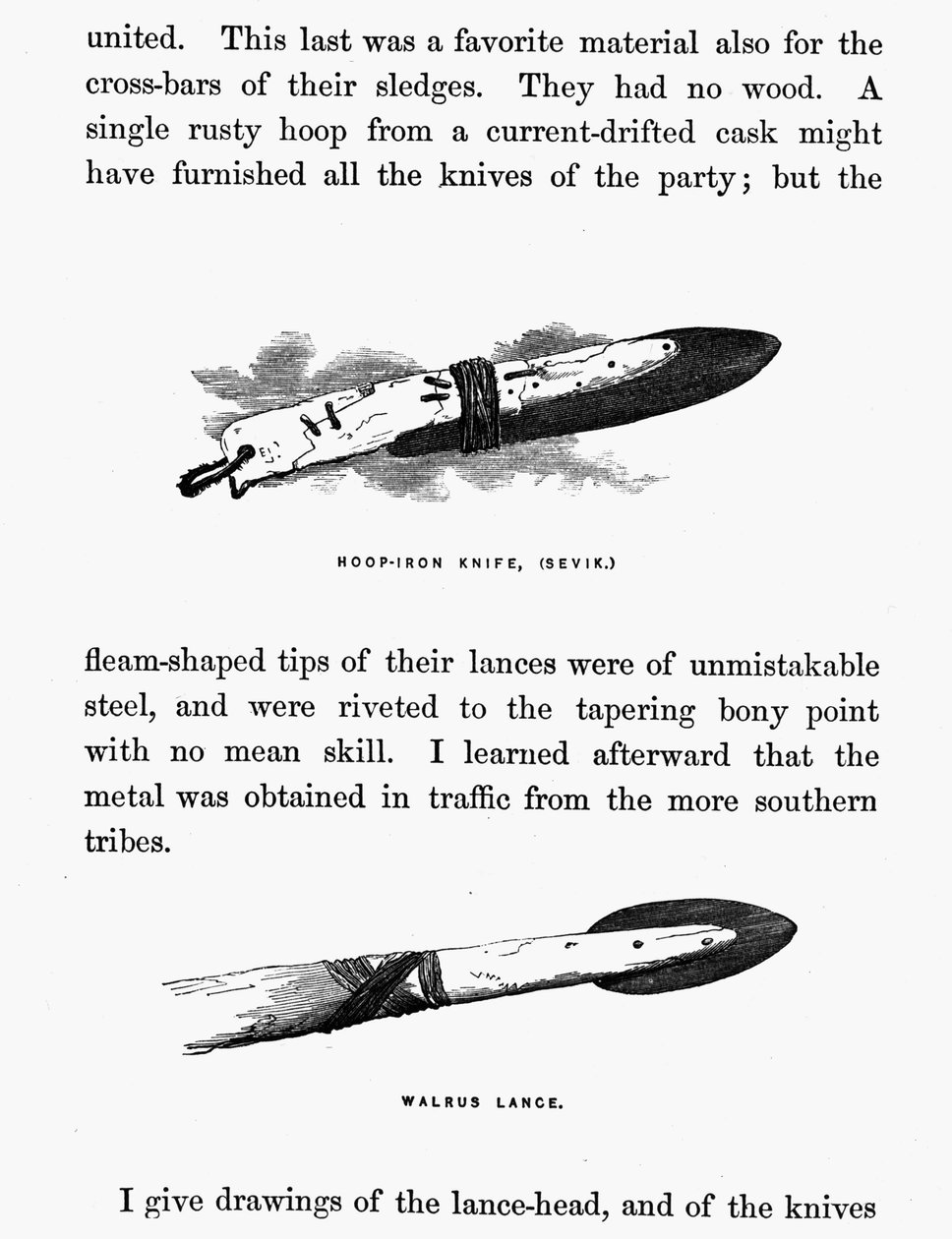 Eskimokniv och spjut - Elisha Kent Kane, Arctic Explorations in the years 1853-1855, vol. 1, sid. 206, Philadelphia av American School