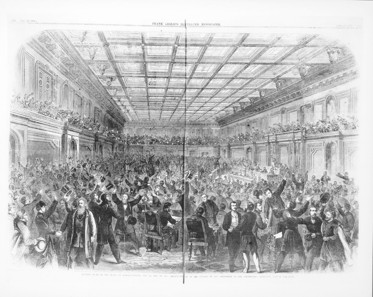 Spännande scen i representanthuset, den 31 januari 1865, om tillkännagivandet av ändringen för att avskaffa slaveriet för alltid, från 