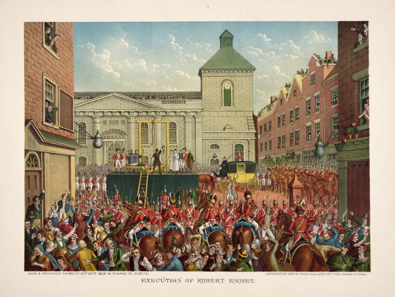 Avrättning av Robert Emmet på Thomas Street, 20 september 1803, pub. 1803 (lito i färg) av American School