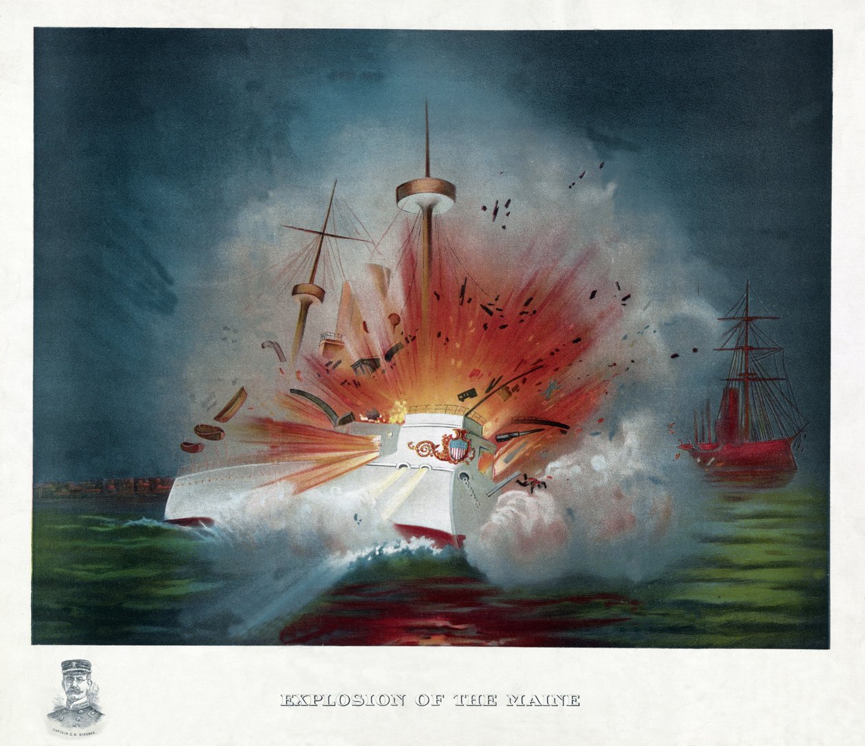 Explosionen av Maine, pub. 1898 (färglitografi) av American School