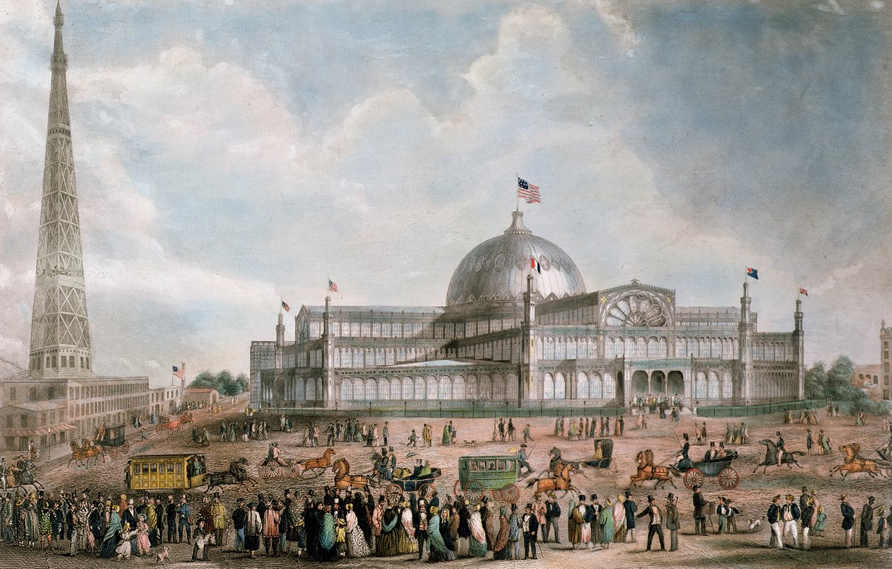 Exteriörvy av New York Crystal Palace, 1853 av American School