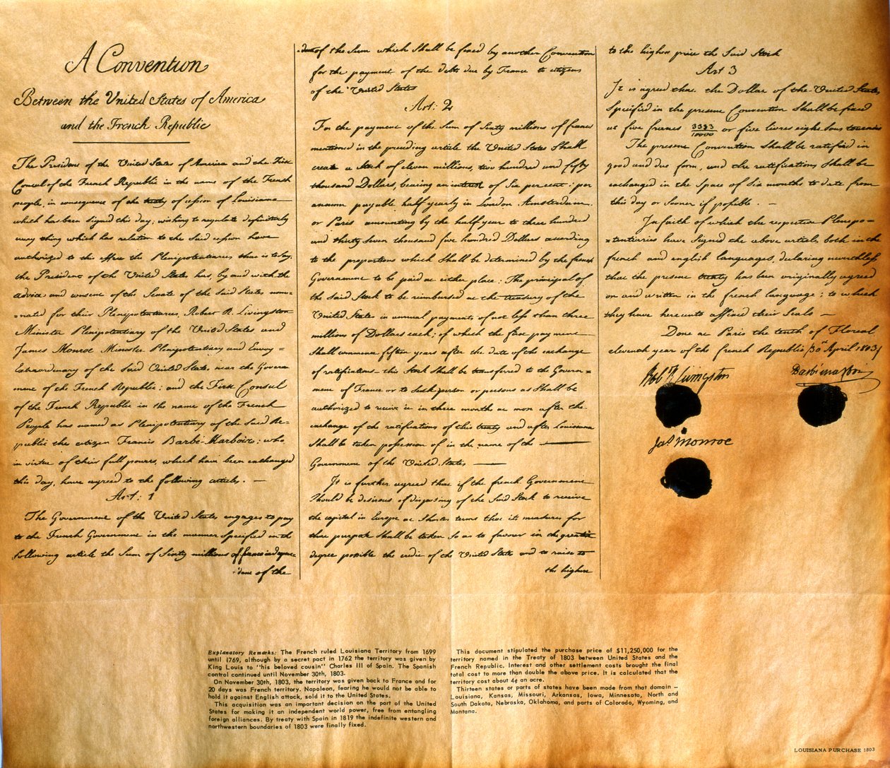 Faksimil av konventionen för köp av Louisiana av USA, 30 april 1803 av American School