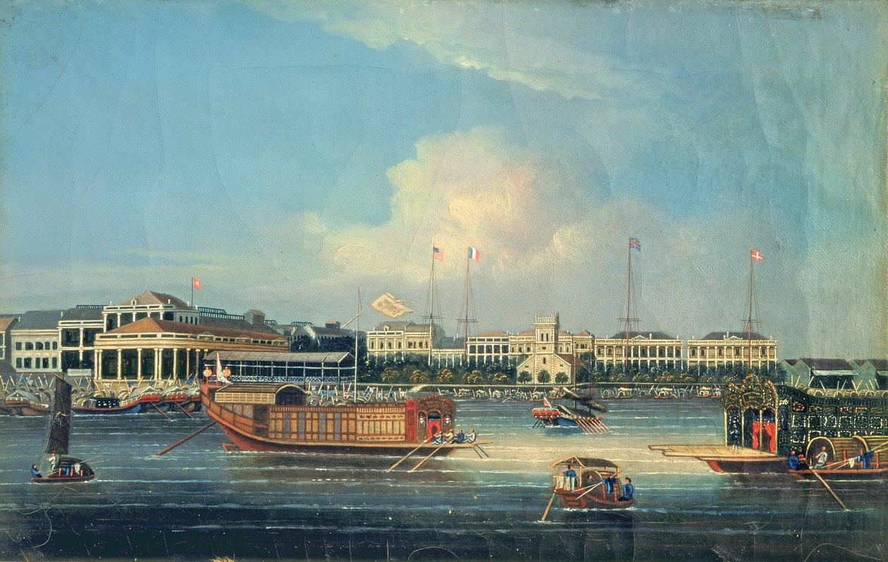 Fabriker i Canton, från hamnen, Kina, 1850 av American School