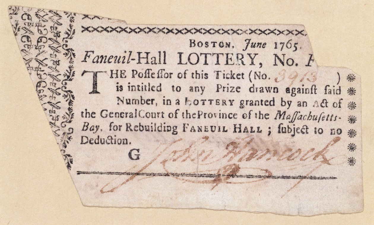 Faneuil-Hall Lottery Ticket, signerad av John Hancock (1737-93) 1765 (bläck på papper) av American School