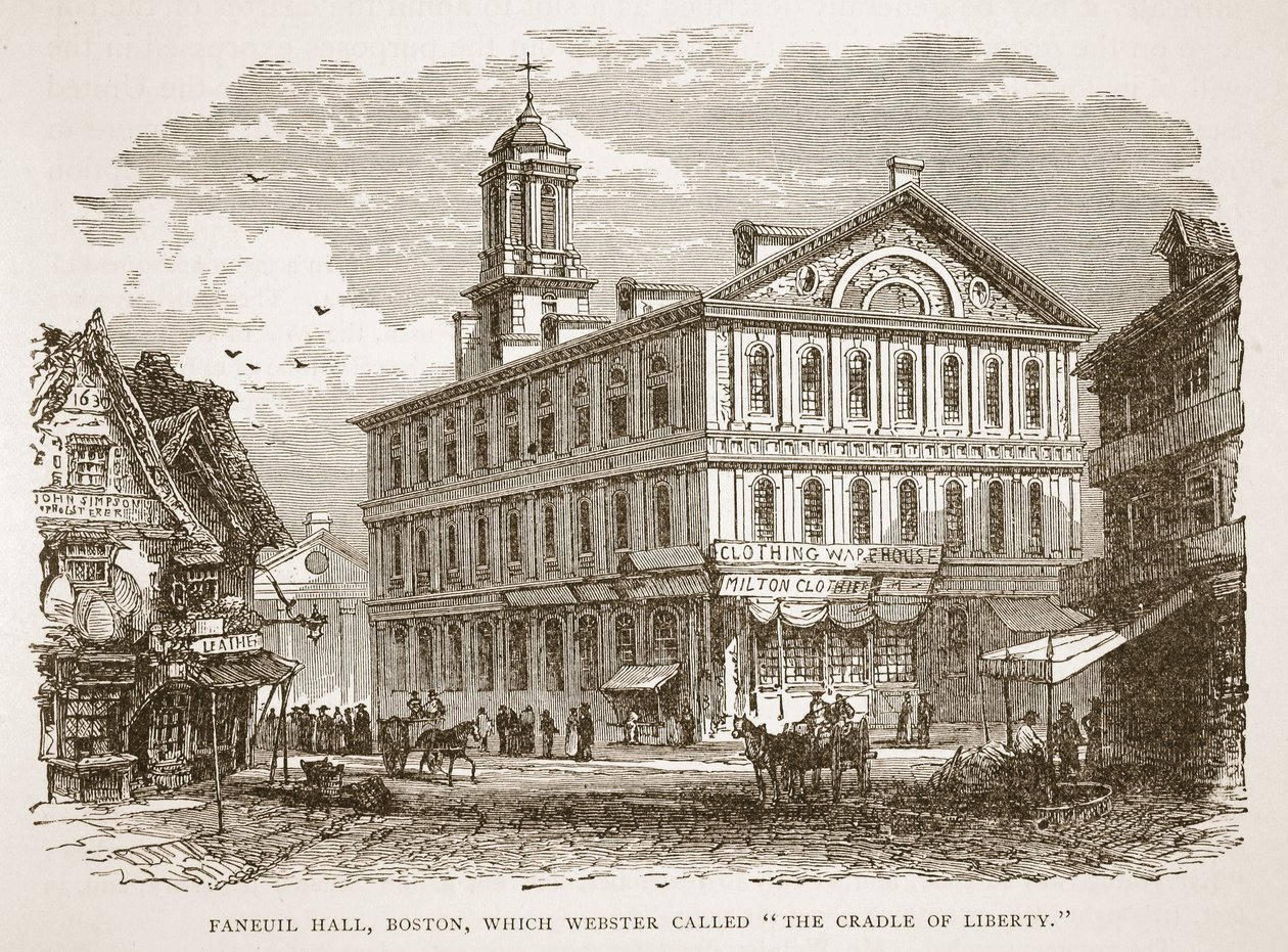 Faneuil Hall, Boston, som Webster kallade The Cradle of Liberty, från en bokpub. 1896 av American School