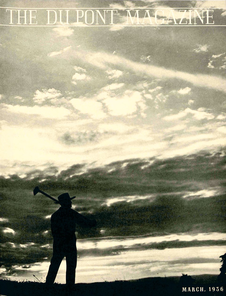Farmer in field, framsidan av DuPont Magazine, mars 1936 av American School