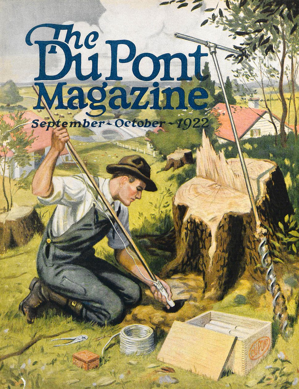 Bonde planterar DuPont-dynamit, framsidan av DuPont Magazine, september-oktober 1922 av American School