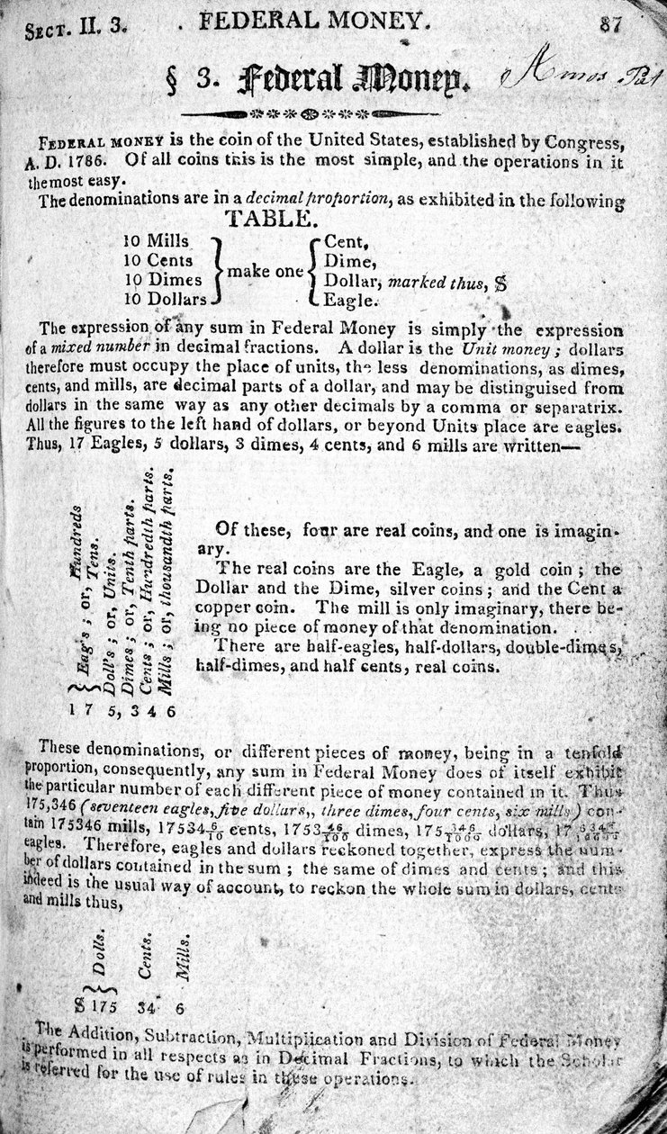 Federal Money, sida från The Scholars Arithmetic 6th Edition, av Daniel Adams, publicerad av N.H.Keene, 1810 (tryck) av American School