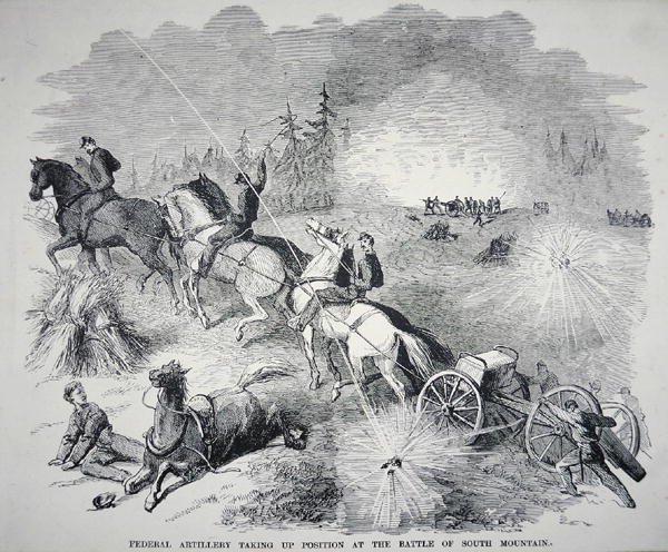 Federalt artilleri tar upp position vid slaget vid South Mountain, september 1862 (gravyr) av American School