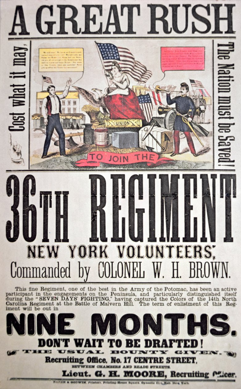 Federal rekryteringsaffisch för 36:e regementet, New York volontärer (färg litho) av American School
