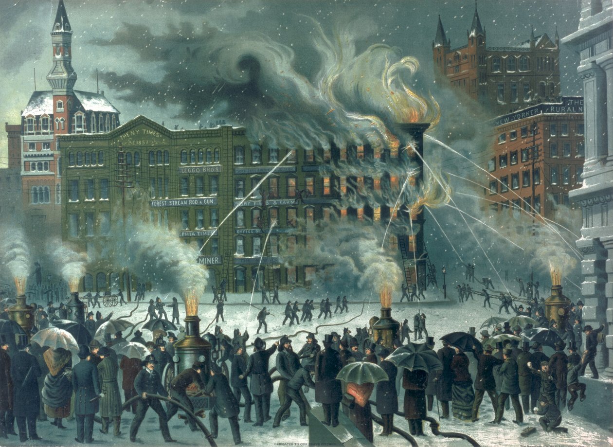 Brand i New York World Building, tillägnad Our Brave Firemen, pub. av W.M. Bruns, 1882 av American School
