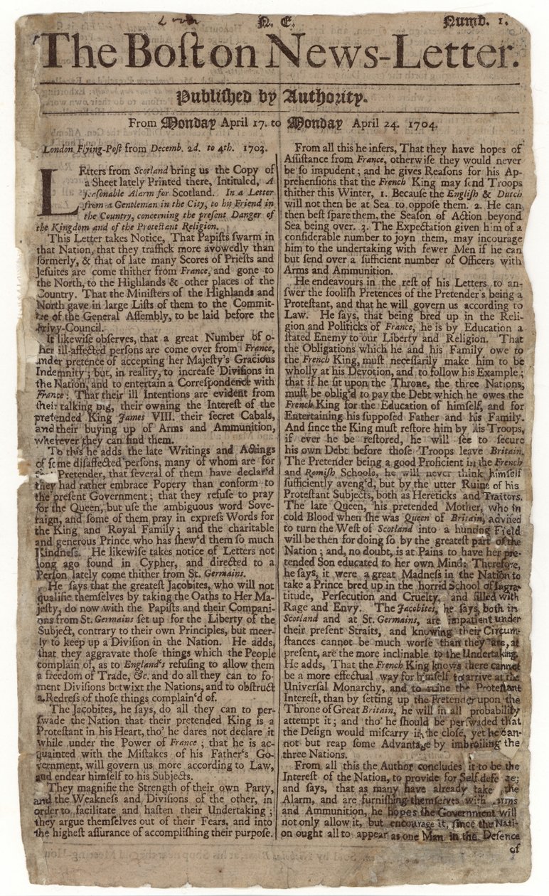 Första numret av Boston News-Letter, 1704 (tidningspapper) av American School