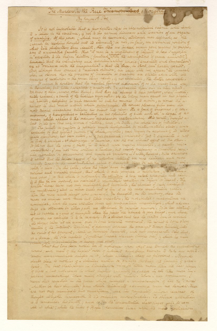 Första sidan av Morden i Rue Morgue av Edgar Allan Poe, 1841 av American School
