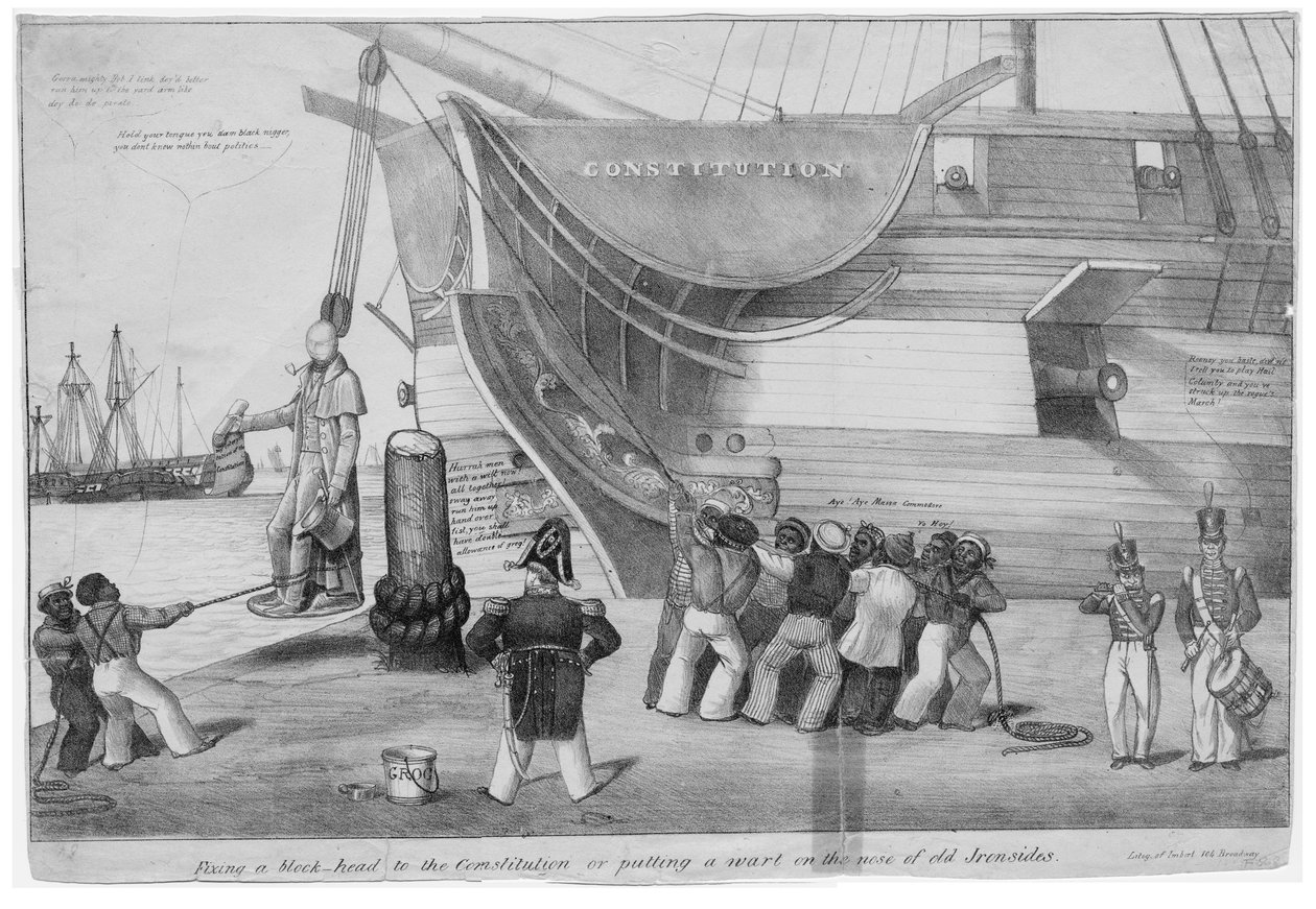 Fixa ett blockhuvud till konstitutionen, eller sätta en vårta på näsan på gamla Ironsides, ca 1832 av American School