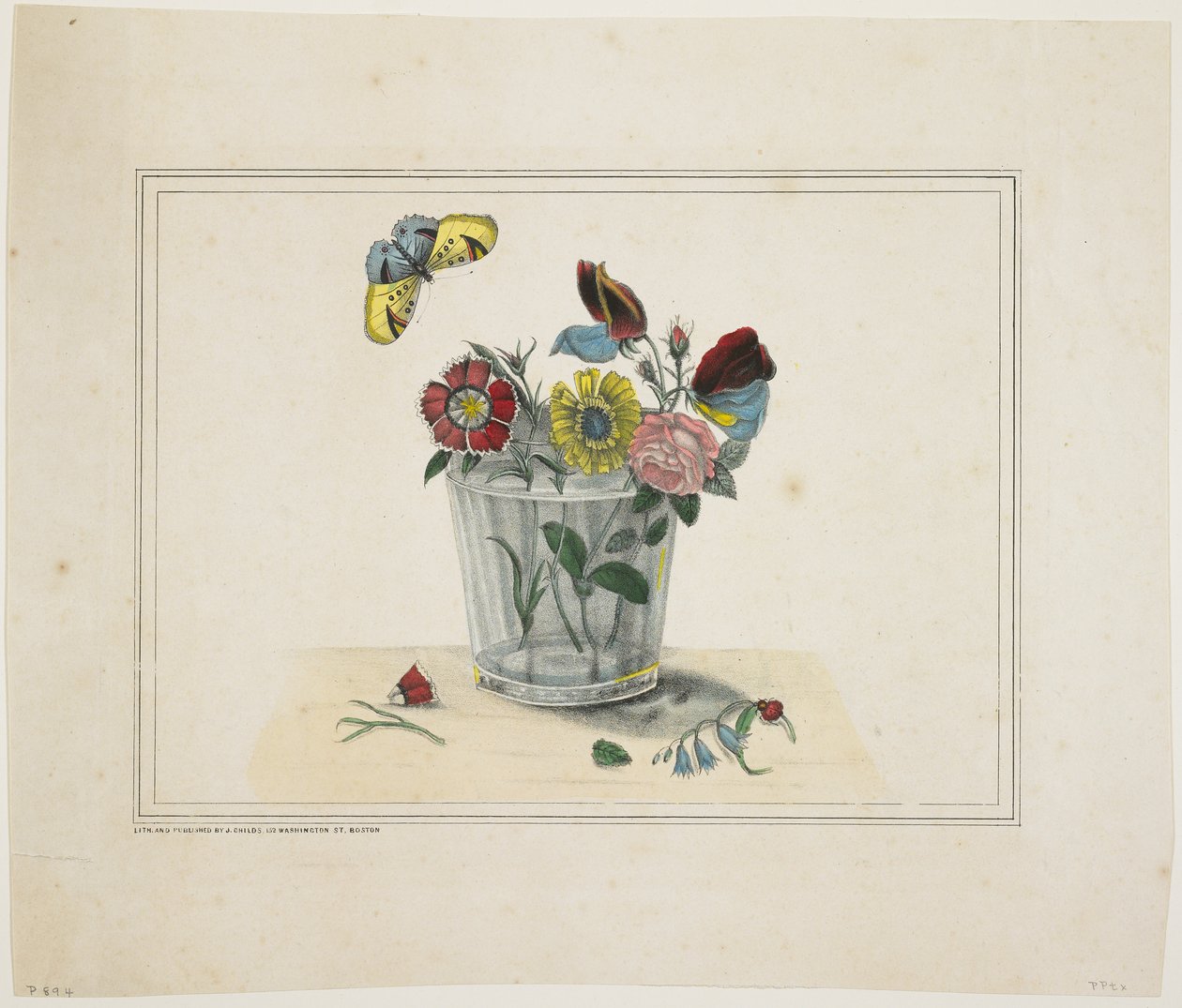 Blommor i ett glas, med fjäril (handfärgad litho) av American School