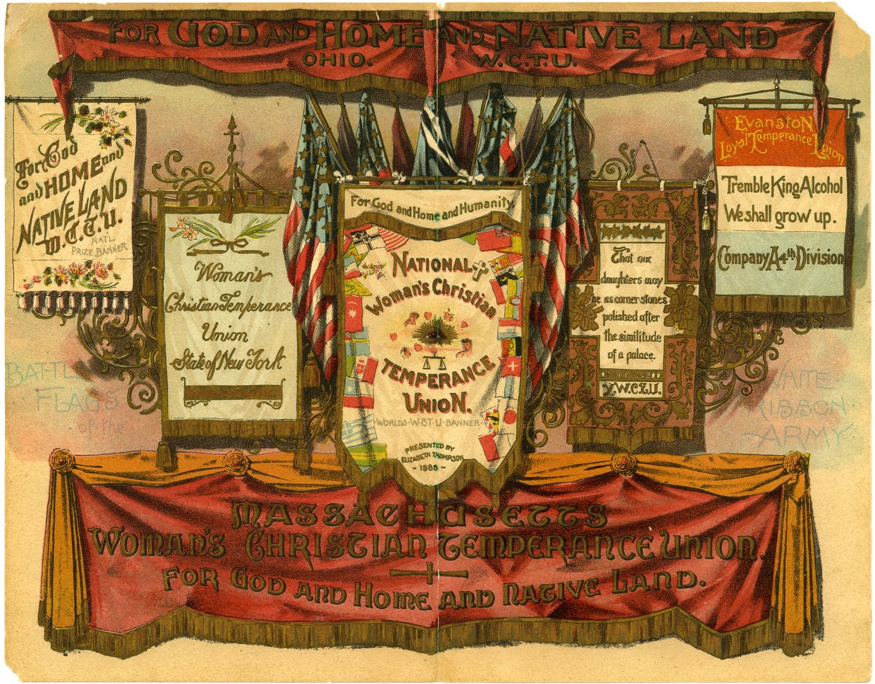 För Gud och hem och hemland... Kvinnors kristna nykterhetsunion, stridsflaggor från White Ribbon Army, 1885 av American School