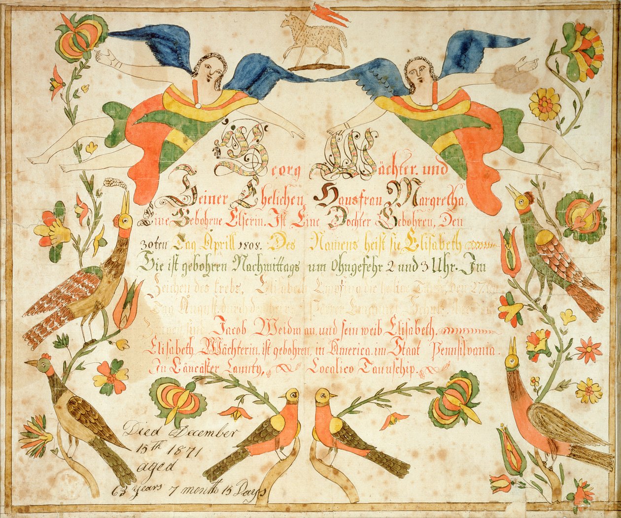 Fraktur till födelse- och dopattest för Elizabeth Wachter (1808-71) 1808 (bläck  akvarell på papper) av American School
