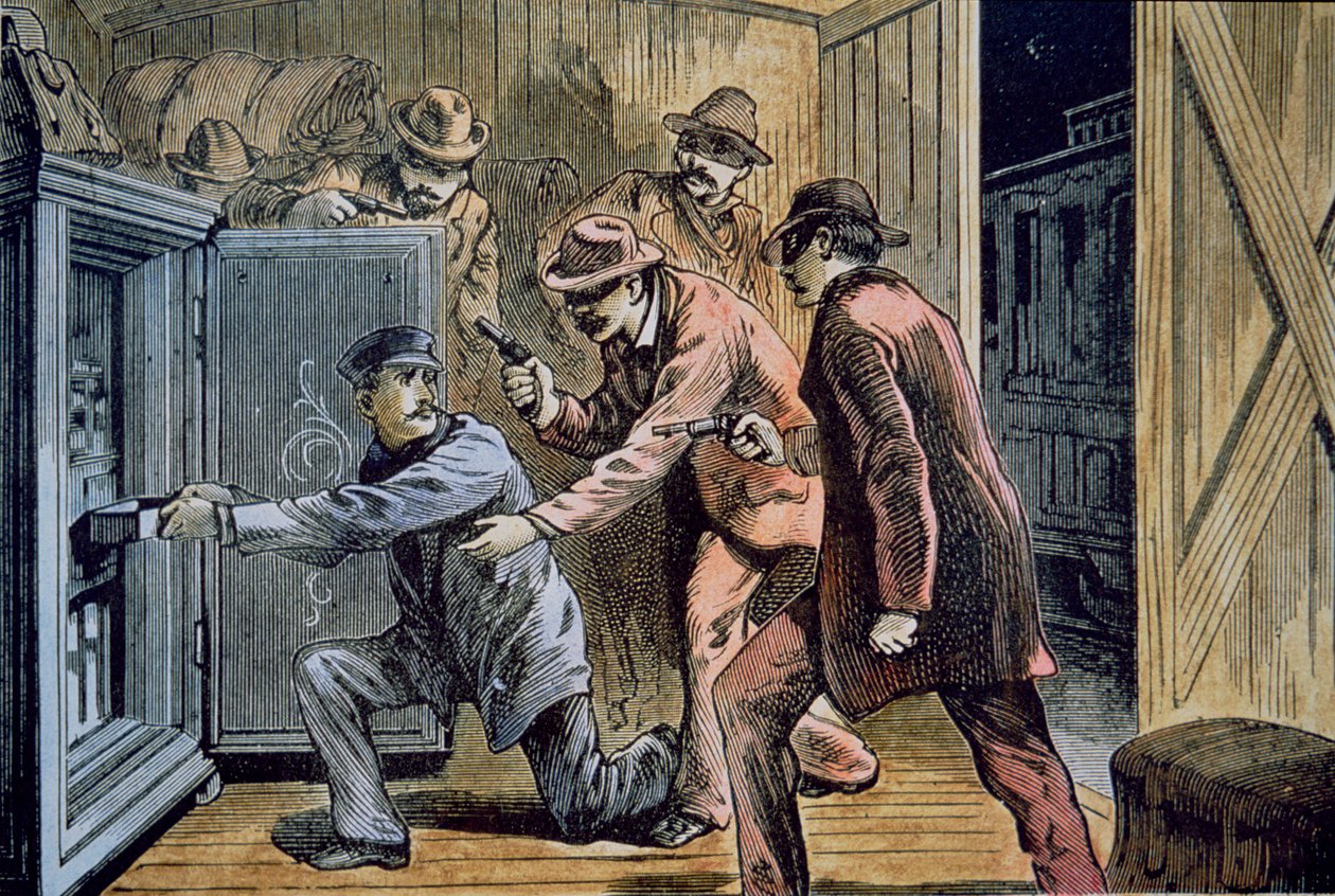 Frank och Jesse James Gang rånar expressbilen av ett tåg 1879 (färg litho) av American School