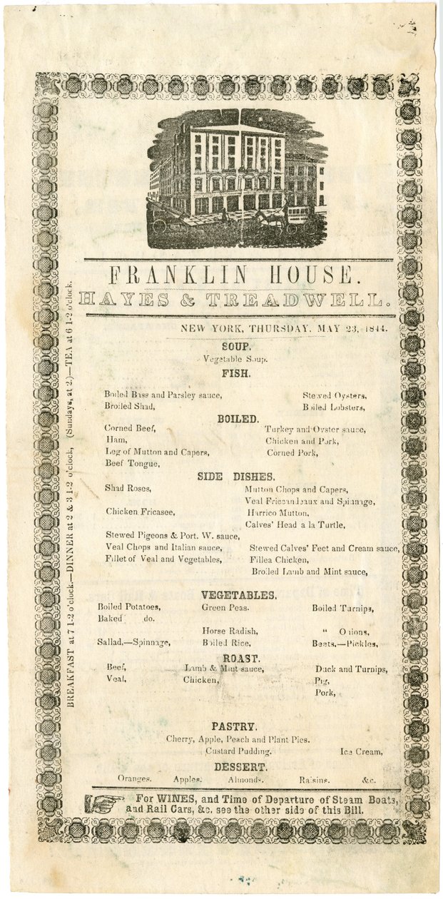 Franklin House Menu för 23 maj 1844, 1844 (graverad meny) av American School