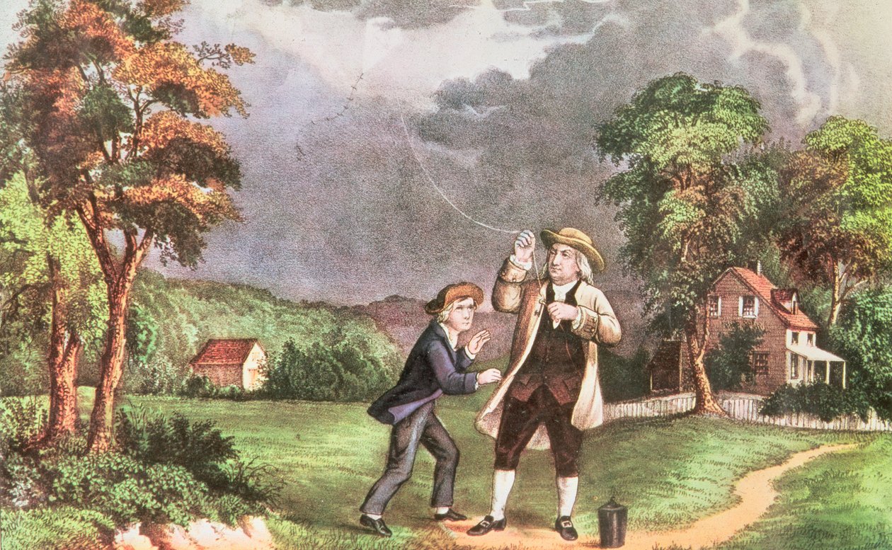 Franklins experiment i elektricitet c.1746, pub. av Currier och Ives (tryck) av American School