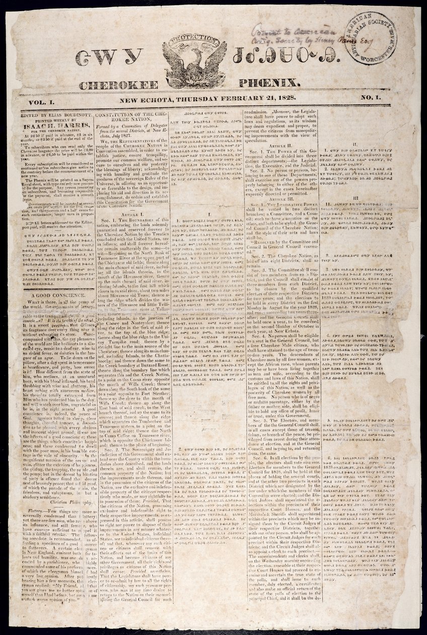 Första sidan från Cherokee Phoenix, 21 februari 1828 (tryck) av American School