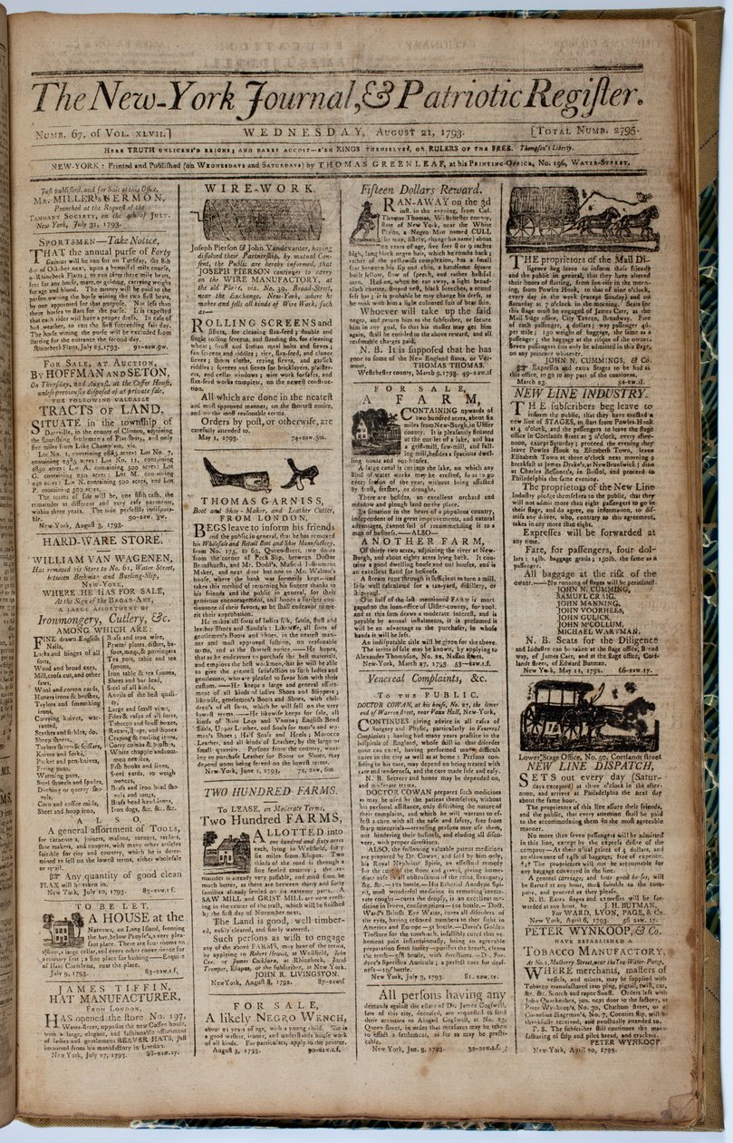 Framsidan av New York Journal and Patriot Register, 21 augusti 1793 av American School