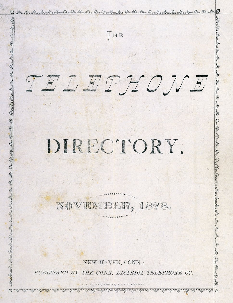 Framsidan av "Telefonkatalogen" från november 1878 av American School