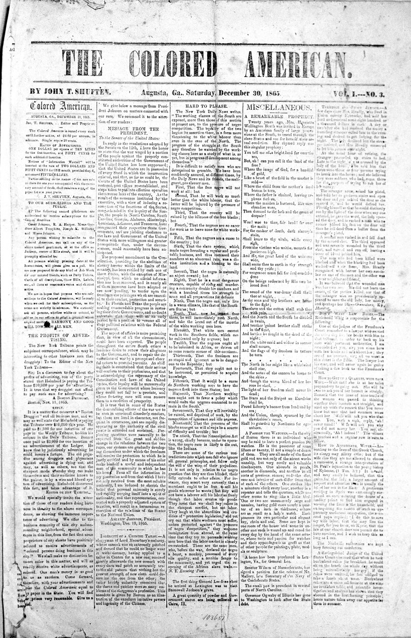 Framsidan av The Coloured American, 30 december 1865 (tryck) av American School