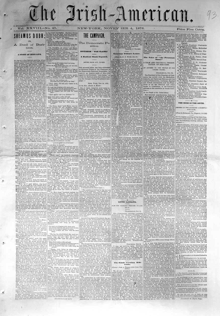 Framsidan av The Irish-American, publicerad i New York, 4 november 1876 (tidningspapper) av American School