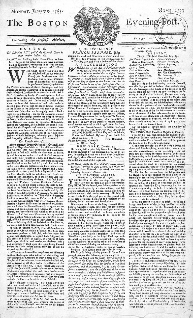 Framsidan av Boston Evening Post som tillkännager kung George II:s död (1683-1760), 5 januari 1761 (tryck) av American School