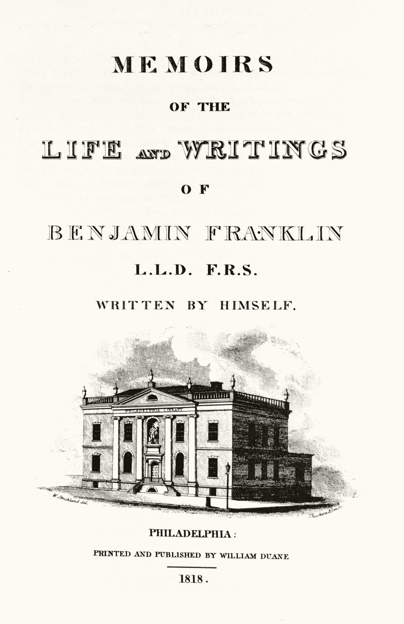 Frontispice av "Memoirs of the life and writings of Benjamin Franklin"" självbiografi av Benjamin Franklin. Upplaga av 1818. av American School