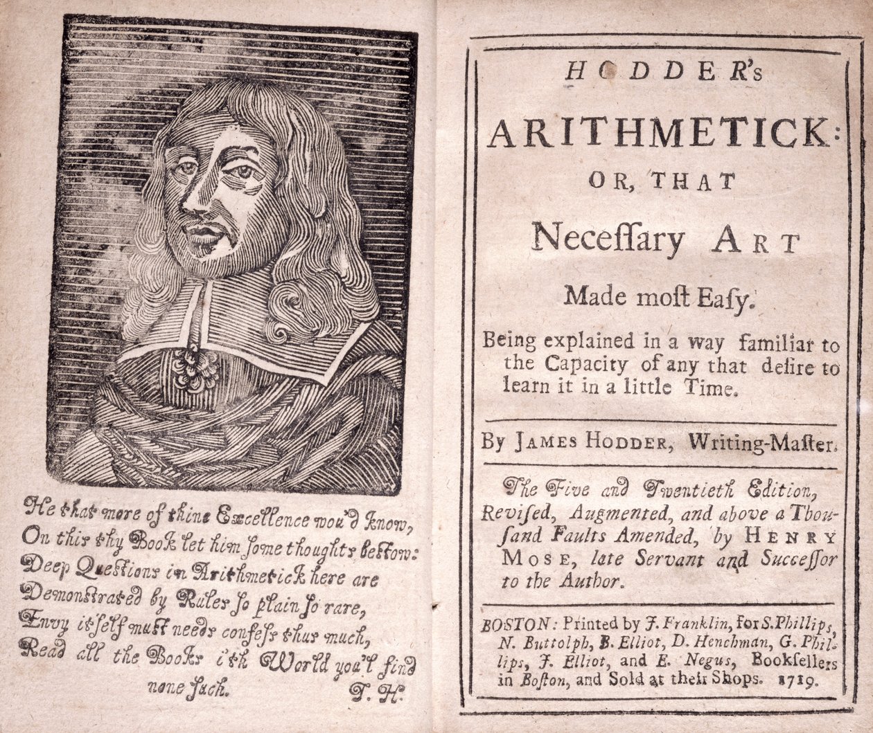 Frontispice och titelsida för Hodders Arthimetick or, That Necessary Art Made Most Easy, av James Hodder, 1719 av American School
