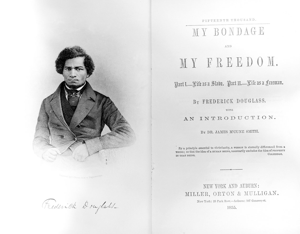 Frontispice och titelsida till My Bondage and My Freedom, av Frederick Douglass (1818-95) publicerad 1855 (tryck) av American School