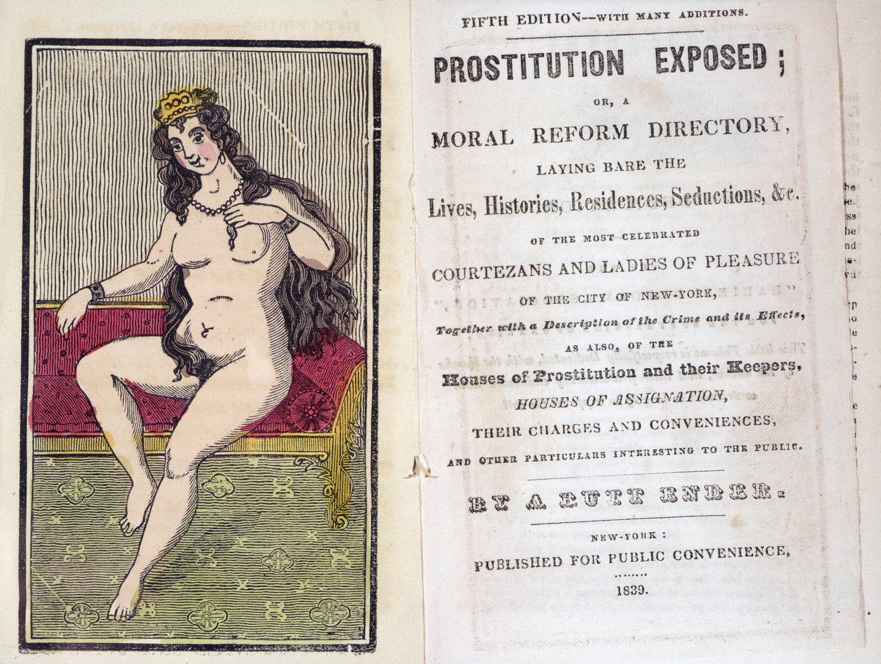Frontispice och titelsida till Prostitution Exposed av A. Butt Ender, publicerad New York 1839 av American School