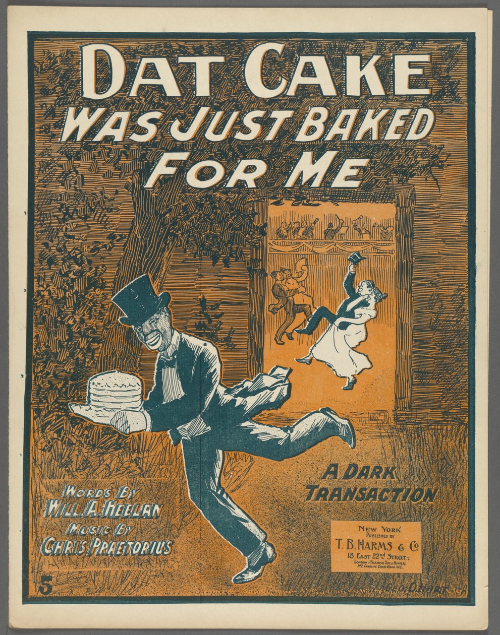 Frontispice för "Dat Cake was just baked for me" av Will A. Heelan och Chris Praetorius, ca 1898 av American School