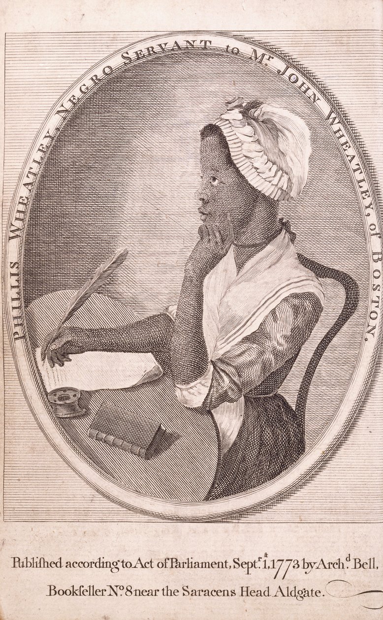 Frontispice-porträtt av författaren, Phillis Wheatley, från boken "Poems on Various Subjects, Religious and Moral" av American School