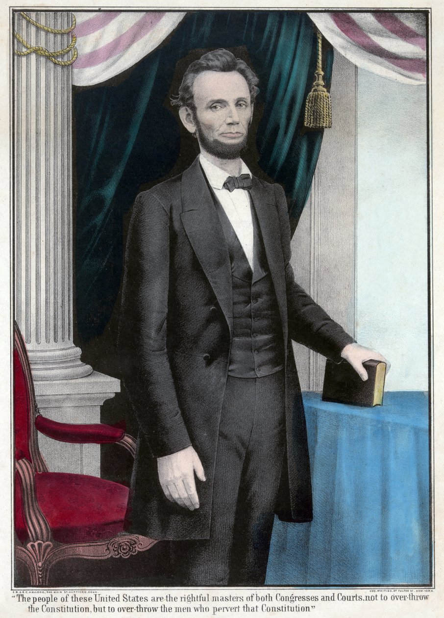Porträtt i helfigur av Abraham Lincoln, pub. 1865 (färglitografi) av American School
