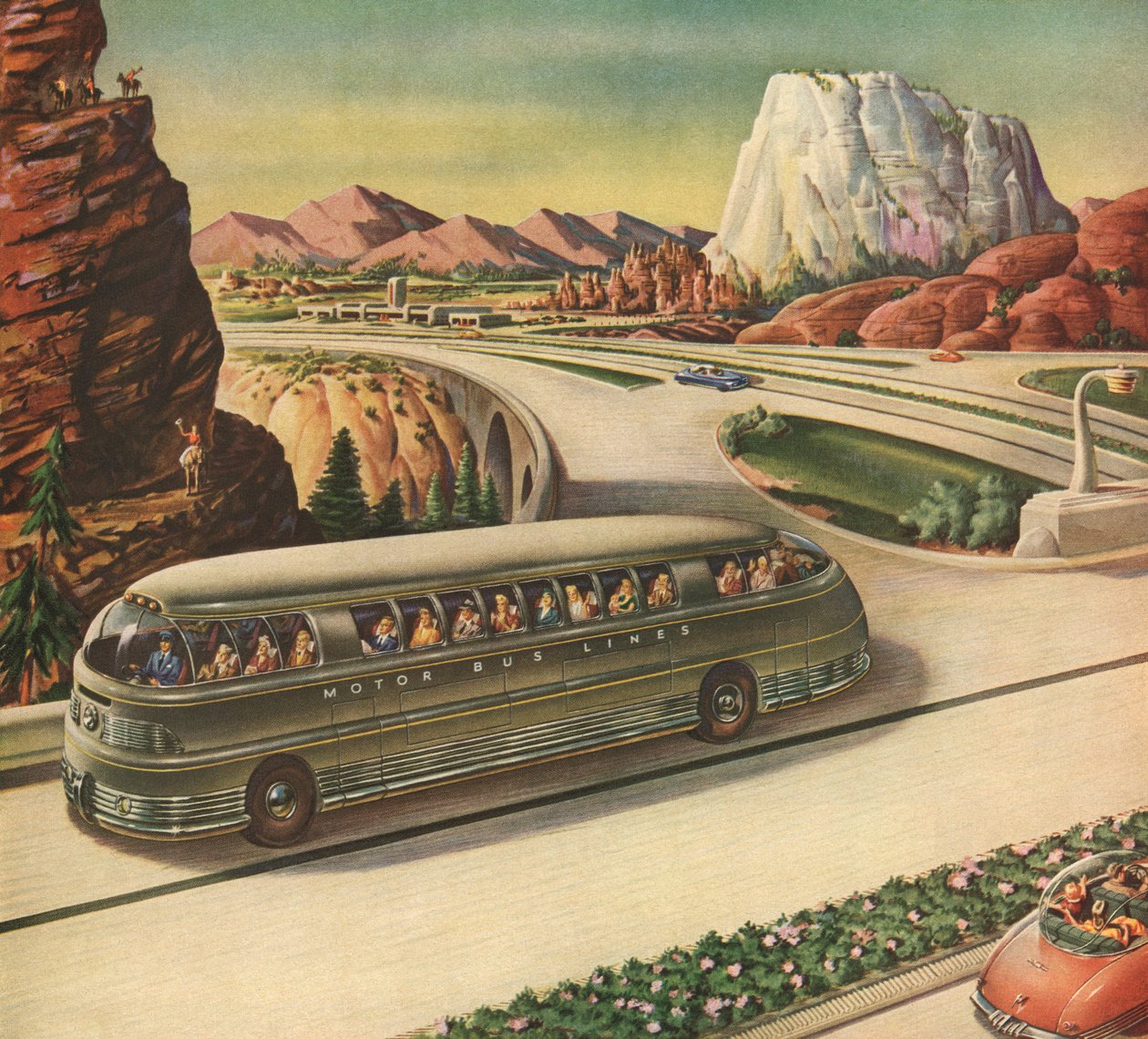 Futuristisk passagerarbuss som reser på en motorväg i sydvästra USA av American School