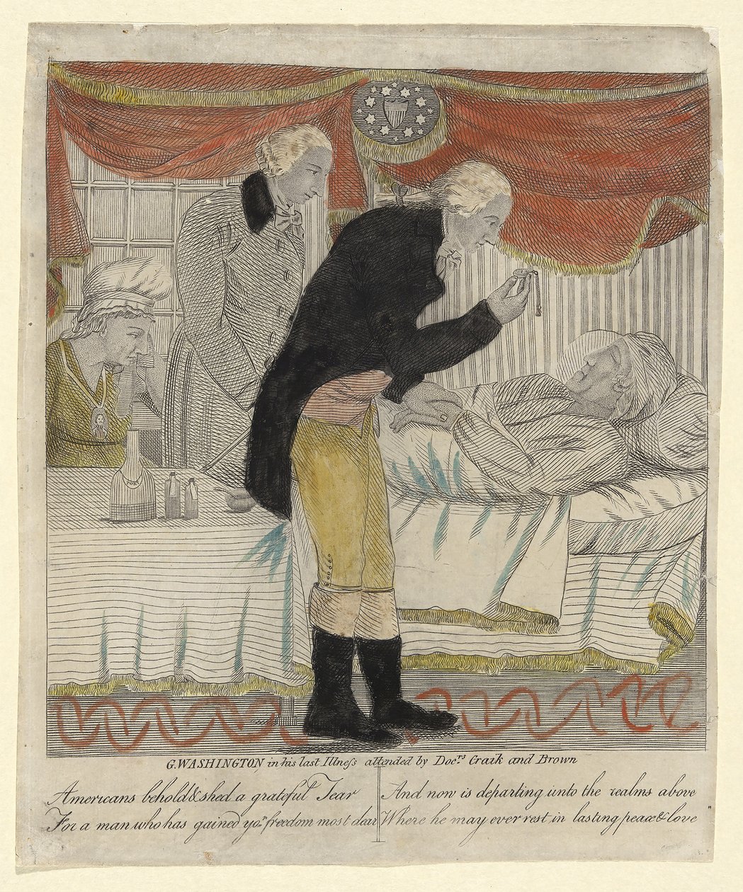 G. Washington i sin sista sjukdom, deltog av Drs Craik och Brown, pub. c.1800 (handfärgad gravyr) av American School