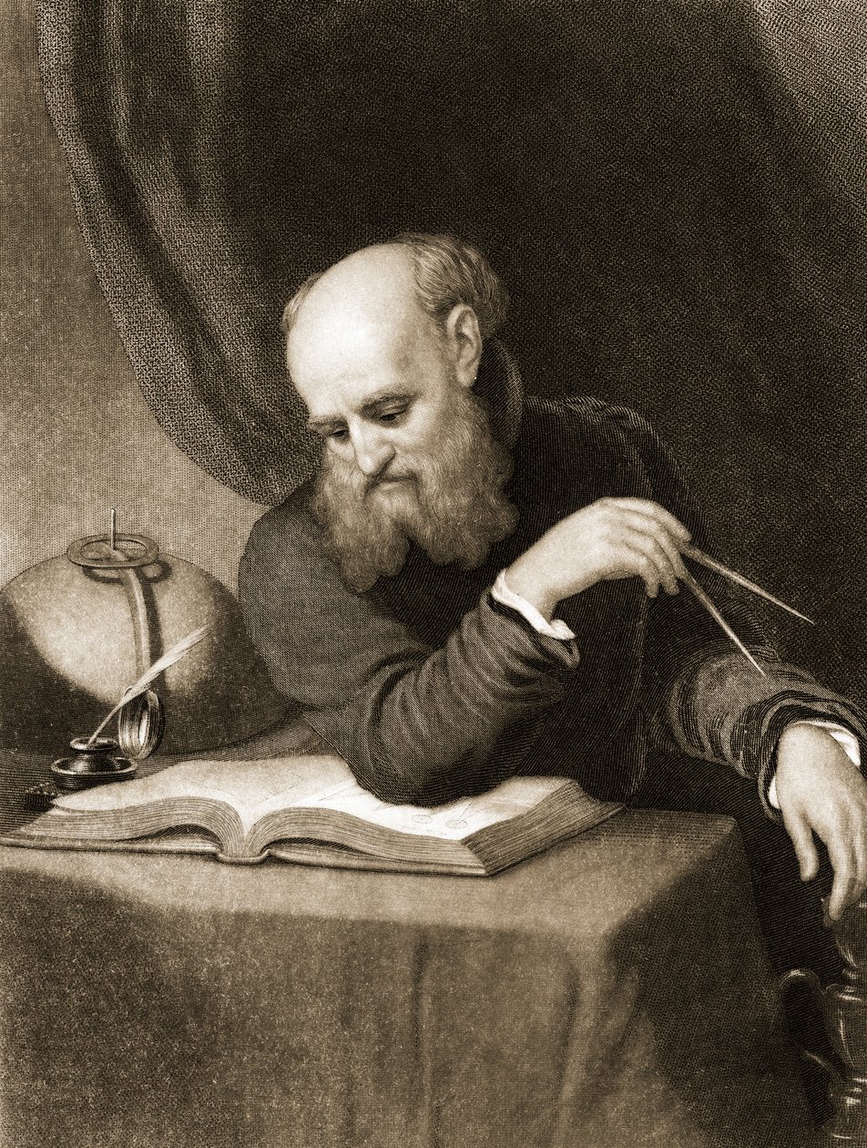 Galileo med kompass och diagram, ca 1880 (gravyr) av American School