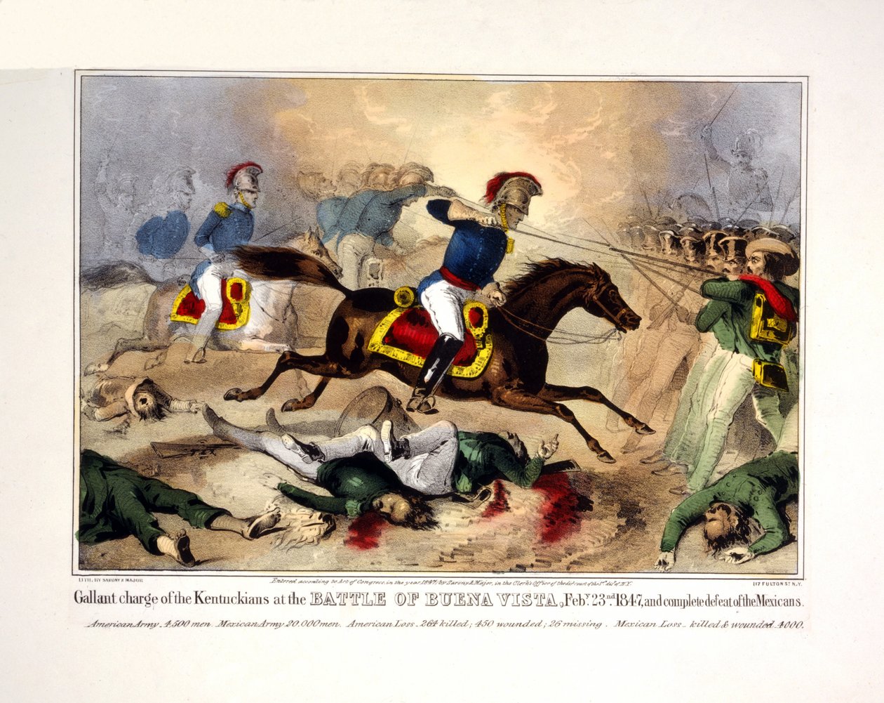 Kentuckians galanta anfall vid slaget vid Buena Vista, 23 febr. 23 februari 1847 och fullständigt nederlag för mexikanerna, pub. 1847 (handkolorerad litografi) av American School