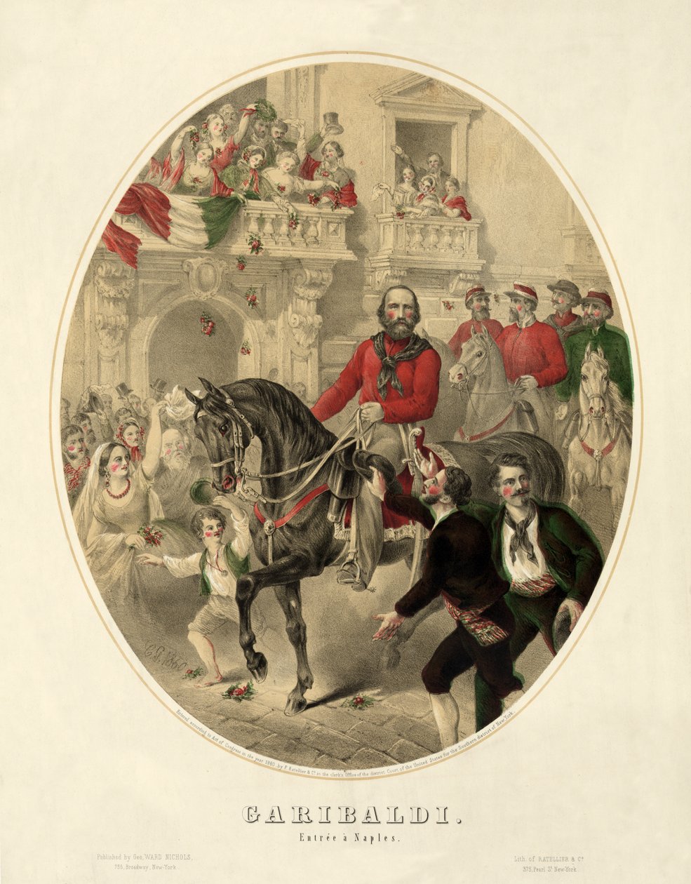 Garibaldi, entré till Neapel, pub. 1860 (handfärgad gravyr) av American School