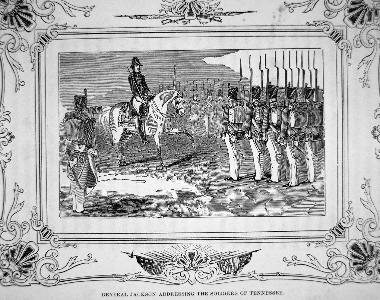 General Andrew Jackson talar till Tennessee Militia före slaget vid Horseshoe Bend, 27 mars 1814 av American School