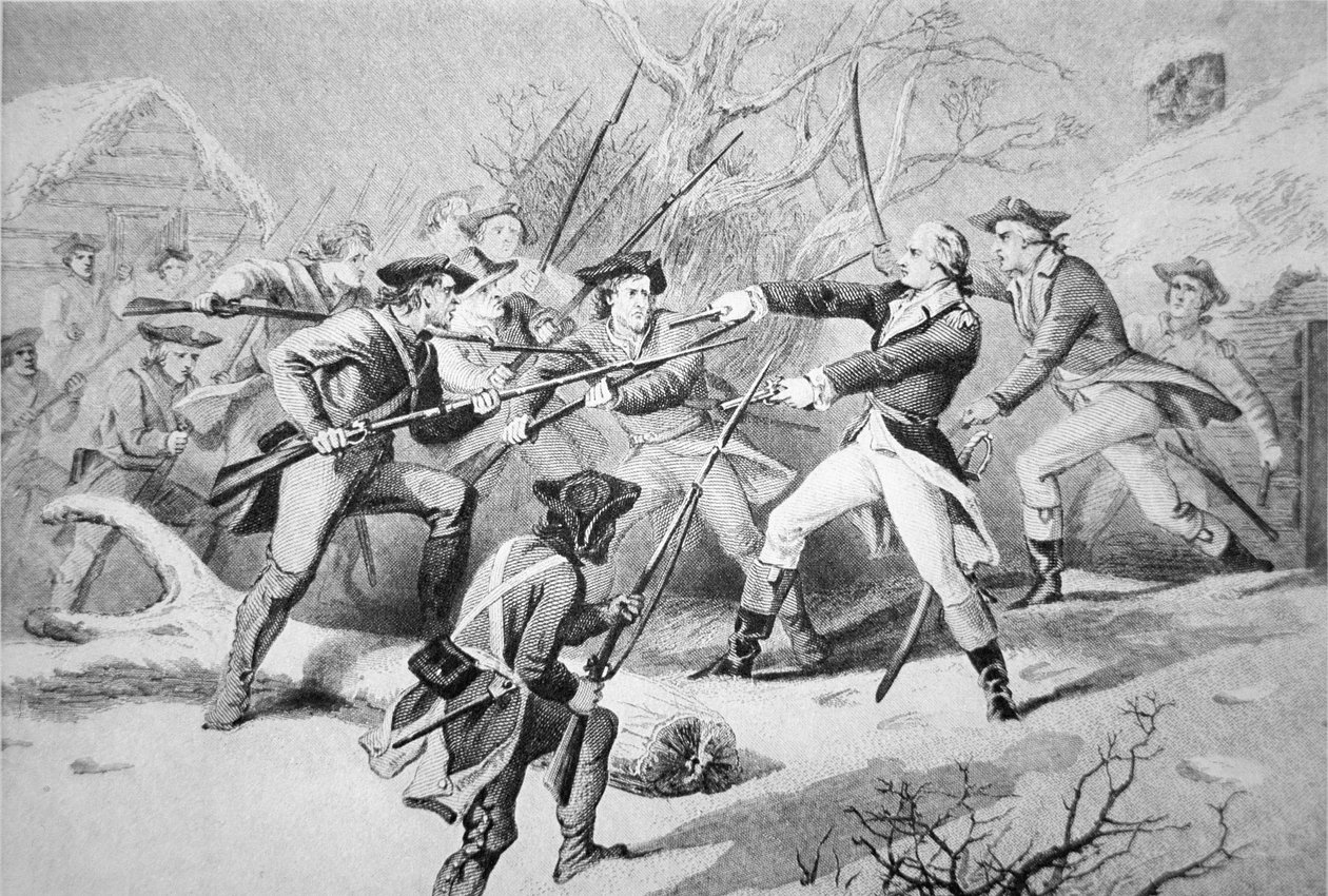 General Anthony Wayne försöker stänga av ett myteri av Pennsyvanian -trupper från Morristown på nyårsdagen 1781 (Litho) av American School
