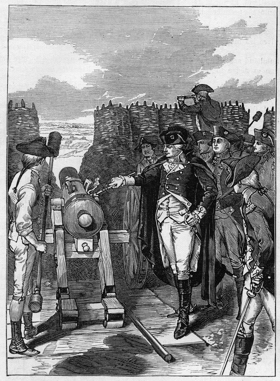 General George Washington och den första avfyringen av kanonen vid belägringen av Yorktown 1781 av American School