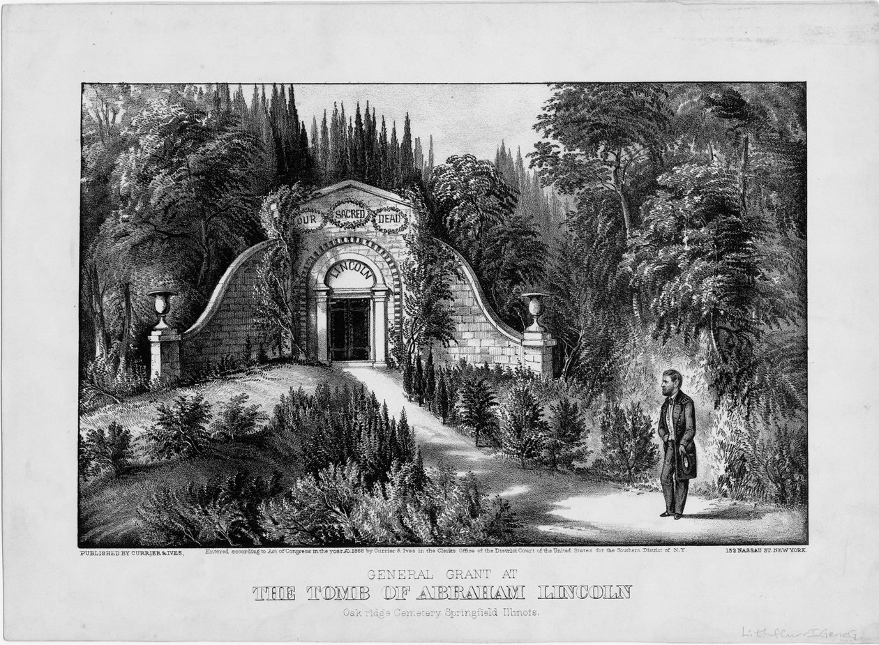 General Grant vid Abraham Lincolns grav, Oak Ridge Cemetery, Springfield, Illinois, pub. av Currier & Ives, 1868 av American School