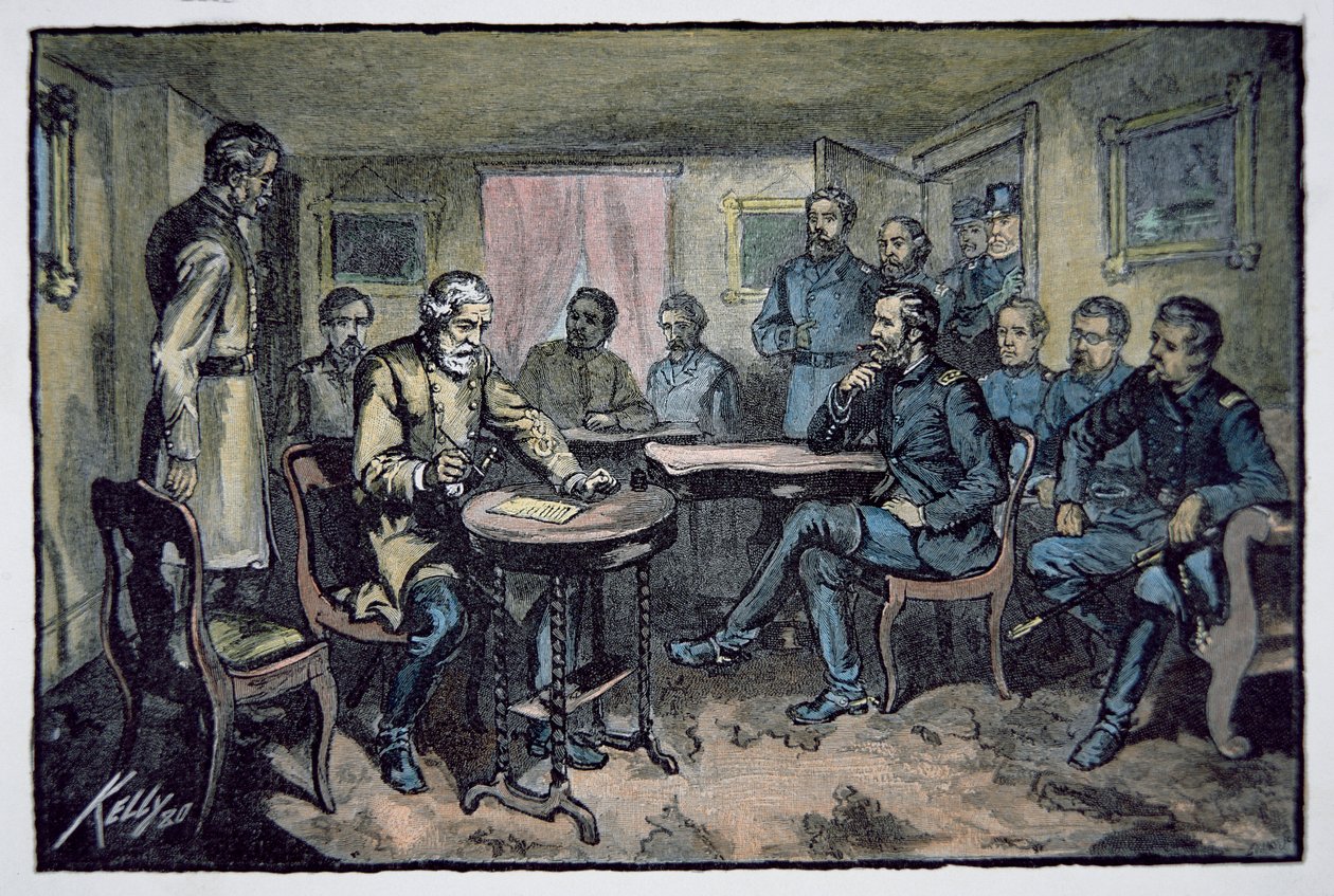 General Robert E. Lee (1807-70) kapitulerar till general Ulysses S. Grant (1822-85) vid Appomattox Courthouse, 9 april 1865 (lito i färg) av American School